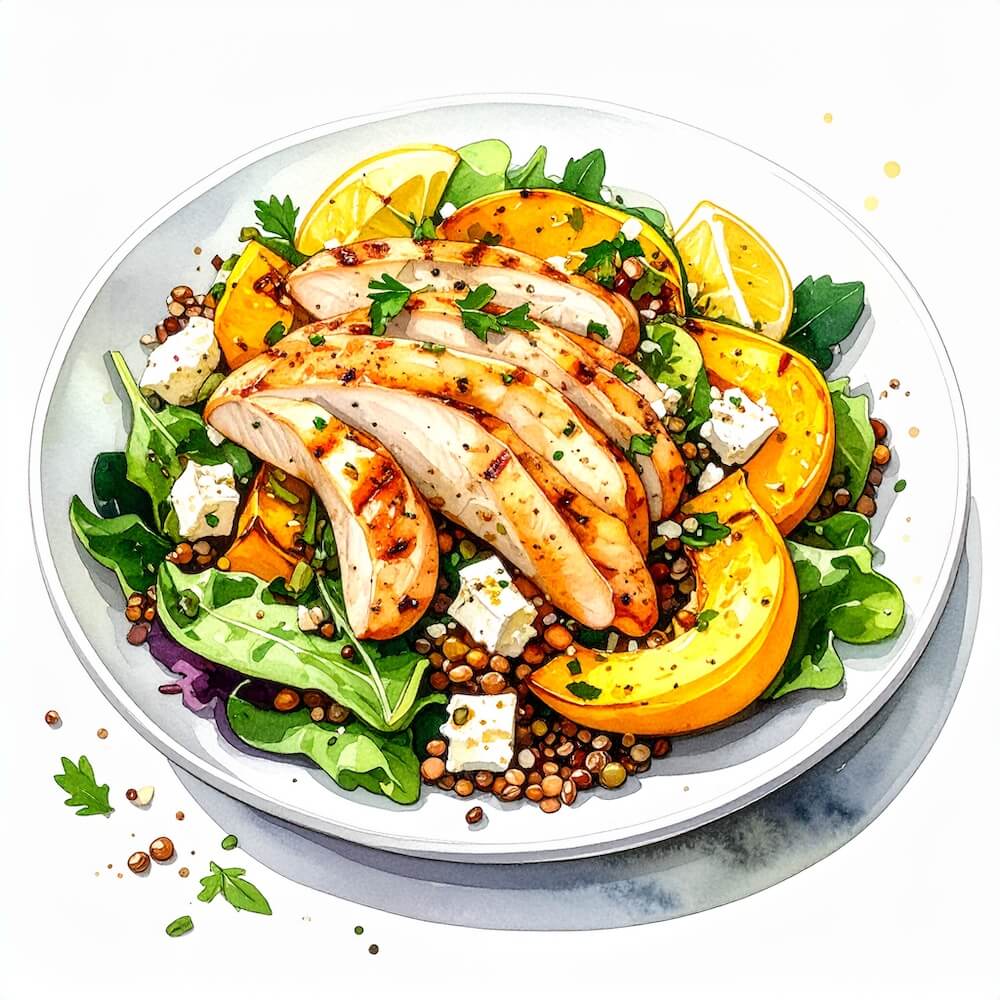 Summer squash and lentil salad with grilled chicken and crumbled feta (gf)