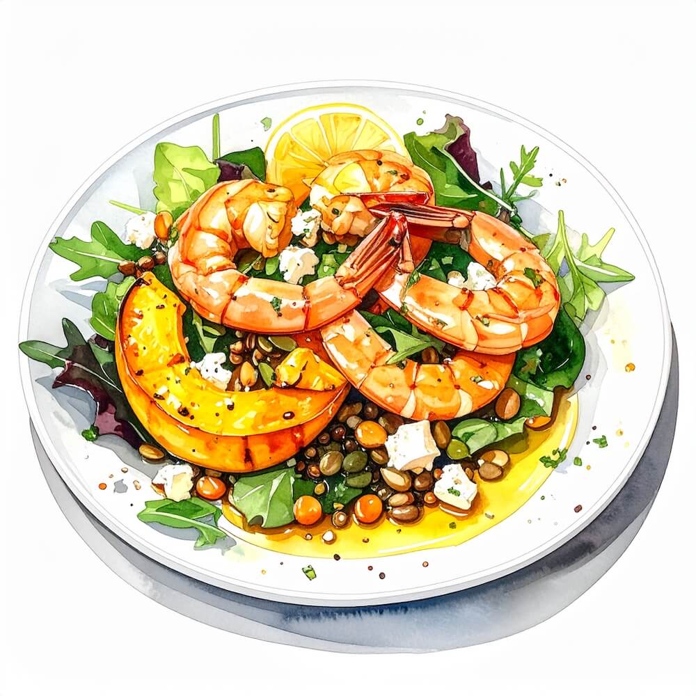 Summer squash and lentil salad with grilled prawns, crumbled feta and toasted seeds (gf)