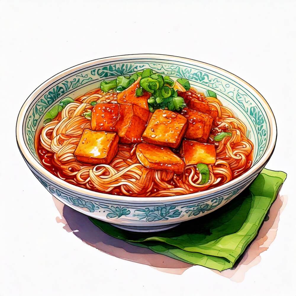 Watercolour sketch of a bowl of sweet and sour tofu with soy and spring onion soba noodles and asian cabbage