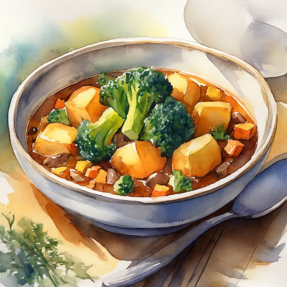 Watercolour sketch of a bowl containing sweet and new potatoes, sautéed cabbage and broccolini