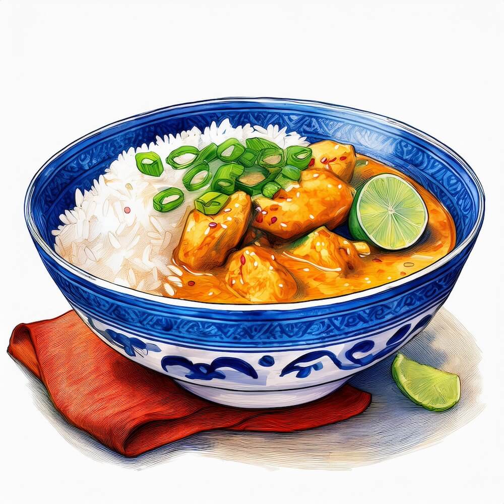 Watercolour sketch of a bowl of Thai chicken and coconut curry with sesame jasmine rice, lime and spring onions
