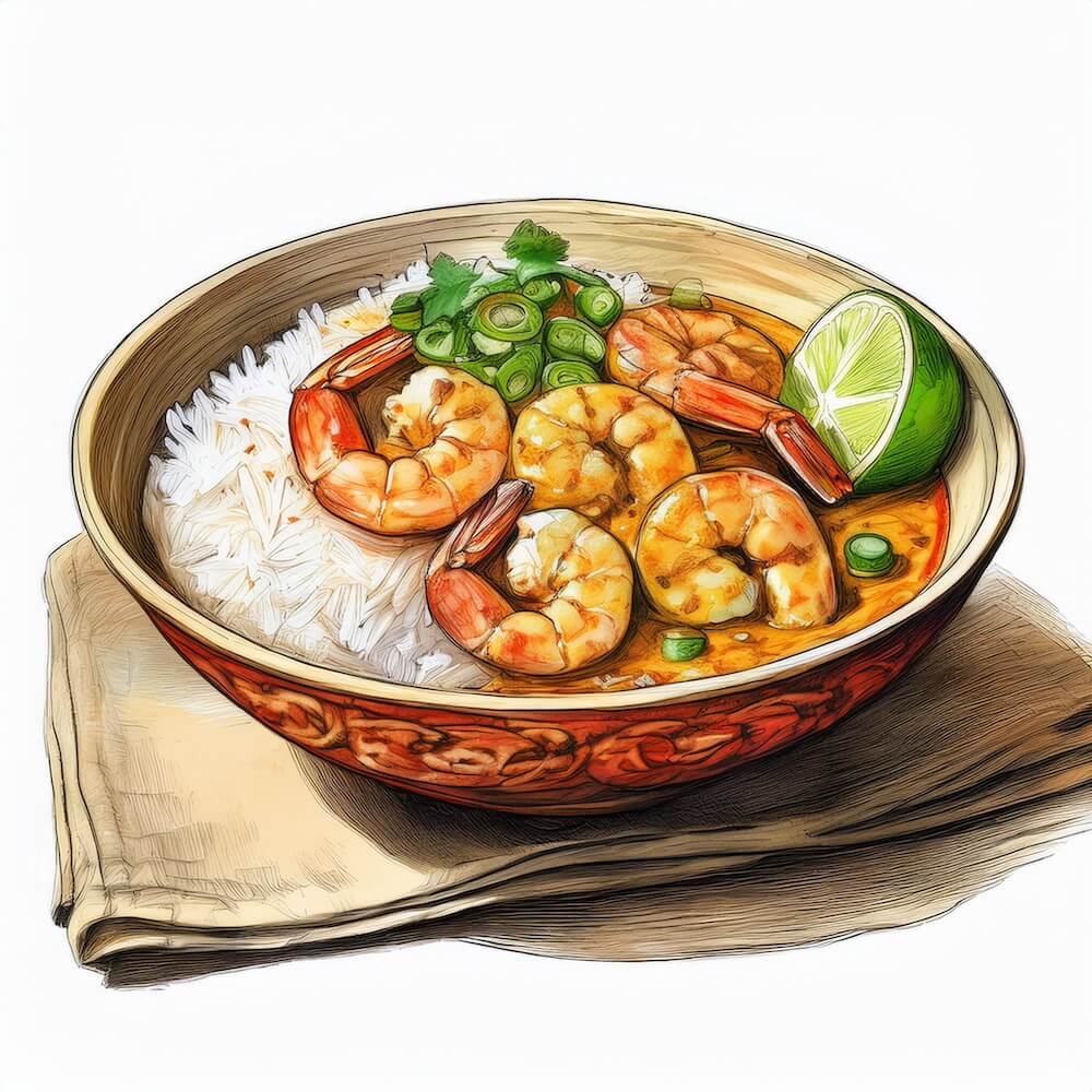Watercolour sketch of a bowl of Thai prawn and coconut curry with sesame jasmine rice, lime and spring onions