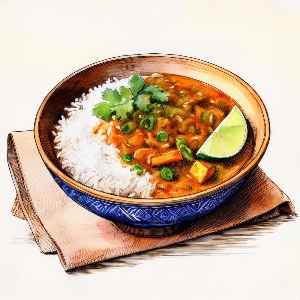 Watercolour sketch of a bowl of Thai vegetable and coconut curry with sesame jasmine rice, lime and spring onions