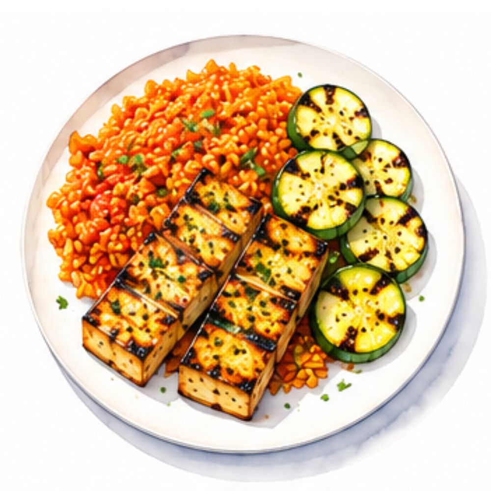 BBQ tofu with paprika rice and grilled courgette (v) (gf)