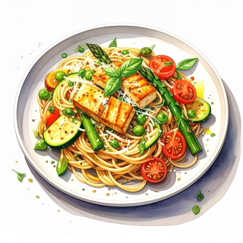 Spaghetti primavera with spring veg, topped with grilled tofu and parmesan
