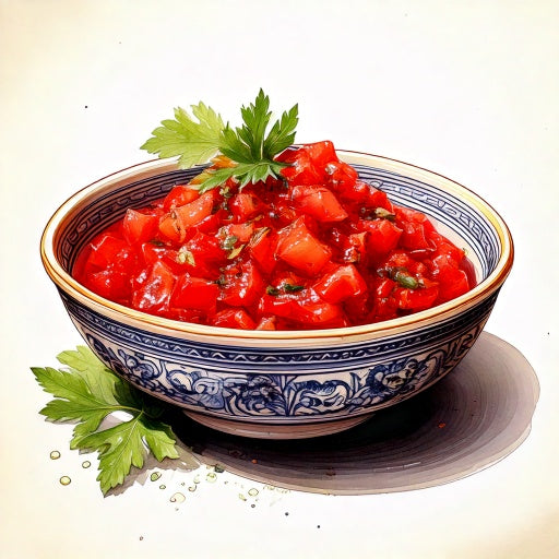Watercolour sketch of a bowl of tomato salsa
