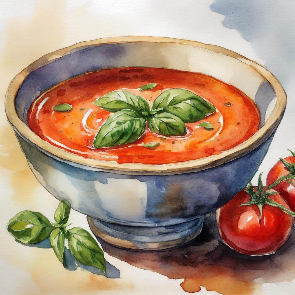 Watercolour sketch of a bowl of roast tomato and basil soup