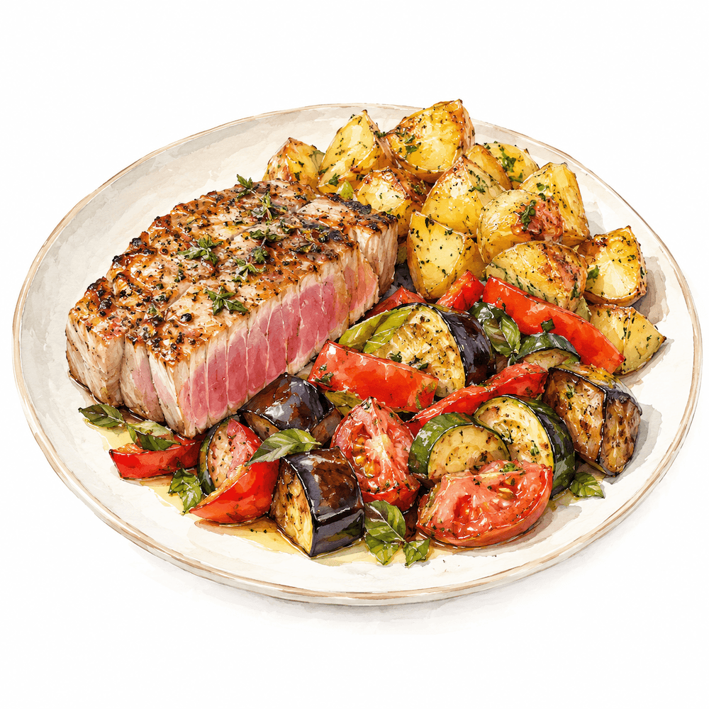 Tuscan tuna with herbed potatoes and mediterranean vegetables (gf)
