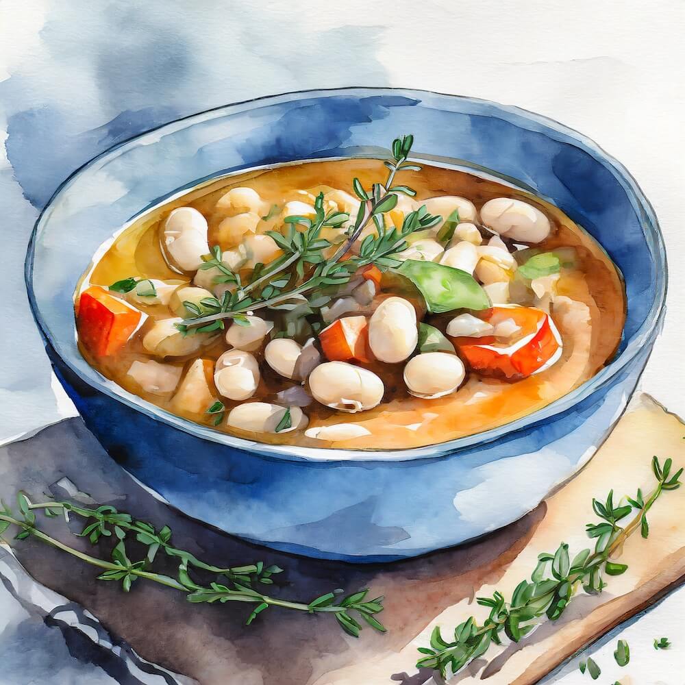 Watercolour sketch of a blue bowl containing Tuscan white bean soup with mixed winter vegetables and a stem of thyme