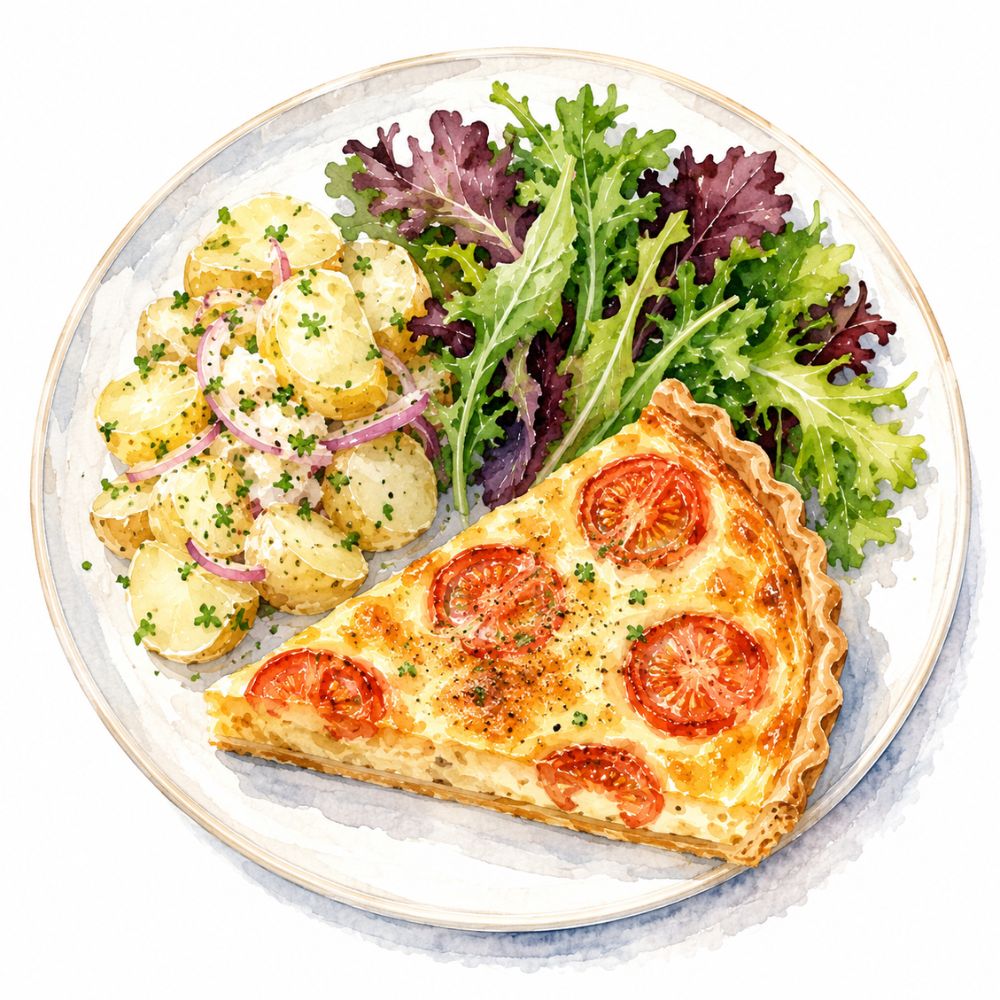Cheese and tomato quiche with potato salad and mixed leaves (v)