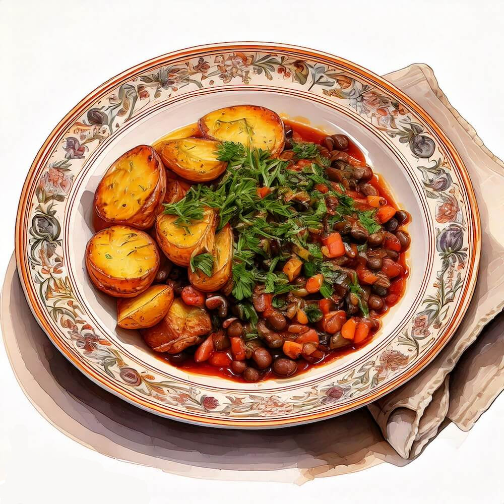 Watercolour sketch of a plate of roast vegetable and black eyed bean casserole with rosemary garlic roast potatoes and wilted greens