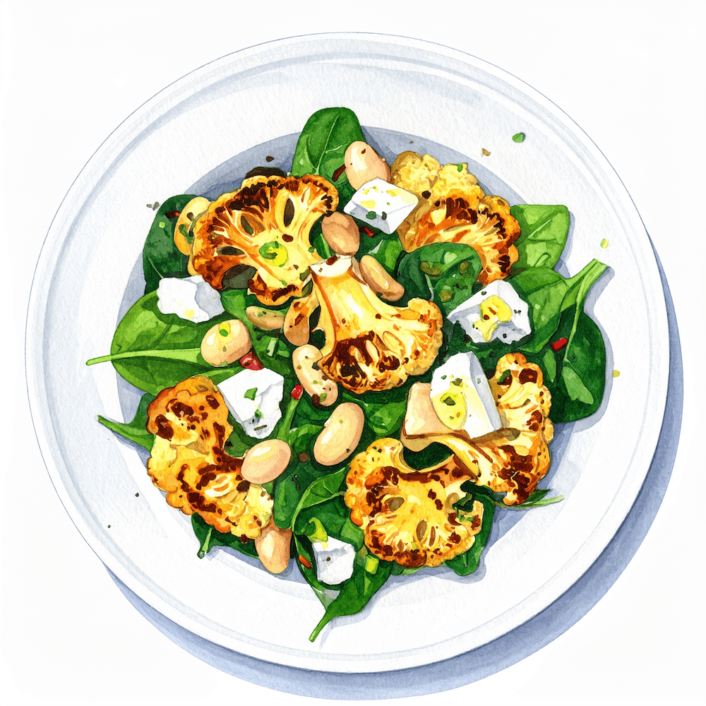 Roasted cauliflower, butter bean, spinach and feta salad with lemon dressing (v) (gf)