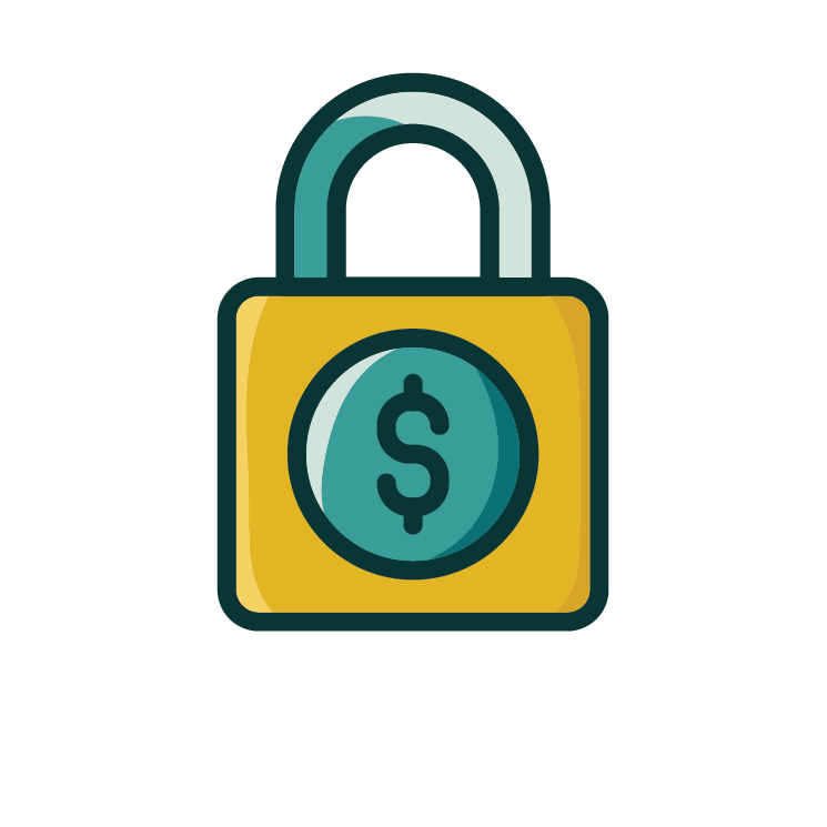 Black and white line drawing of a shield and dollar sign to signify safe and secure payment