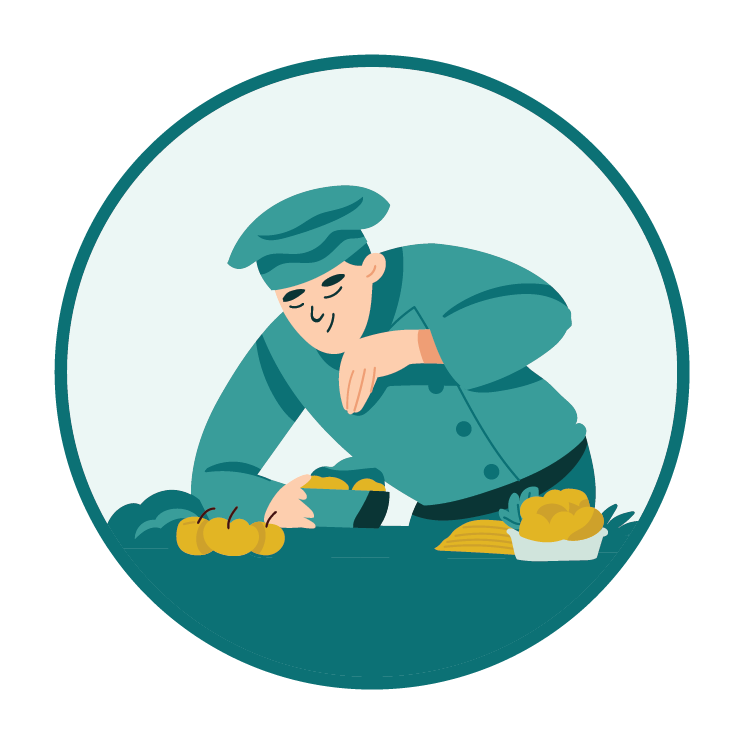 Black and white line drawing of a chef using a knife and chopping board in a kitchen, outlined by a thin black circle