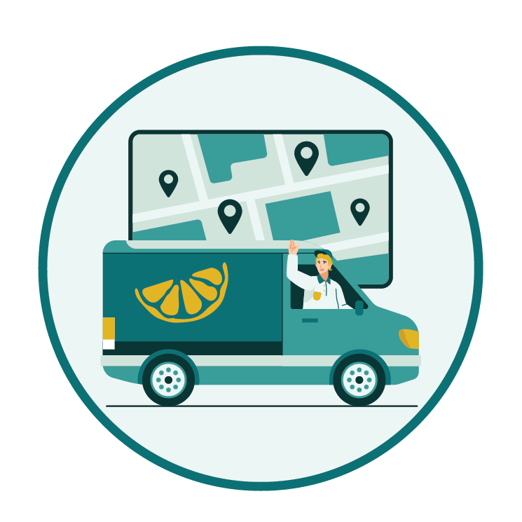 Black and white line drawing of a food delivery van on its way to deliver meals outlined by a thin black circle