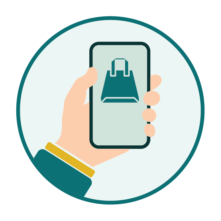 Black and white line drawing of a hand holding a phone with a food delivery service app open on it. It is outlined by a thin black circle