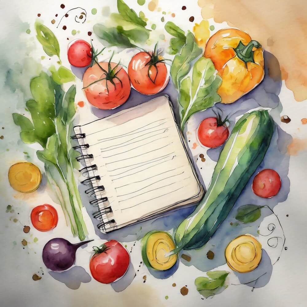 Watercolour sketch of a notebook surrounded by vegetables including tomatoes, peppers, cucumbers, red onions and salad leaves