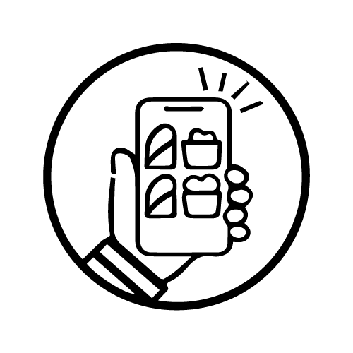 Black and white line drawing icon of a hand holding a phone preparing to order meals for delivery