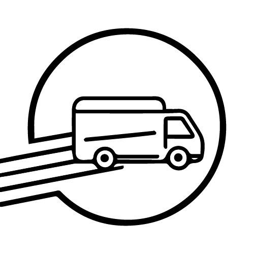Black and white line drawing icon of a food delivery van on its way to deliver meals